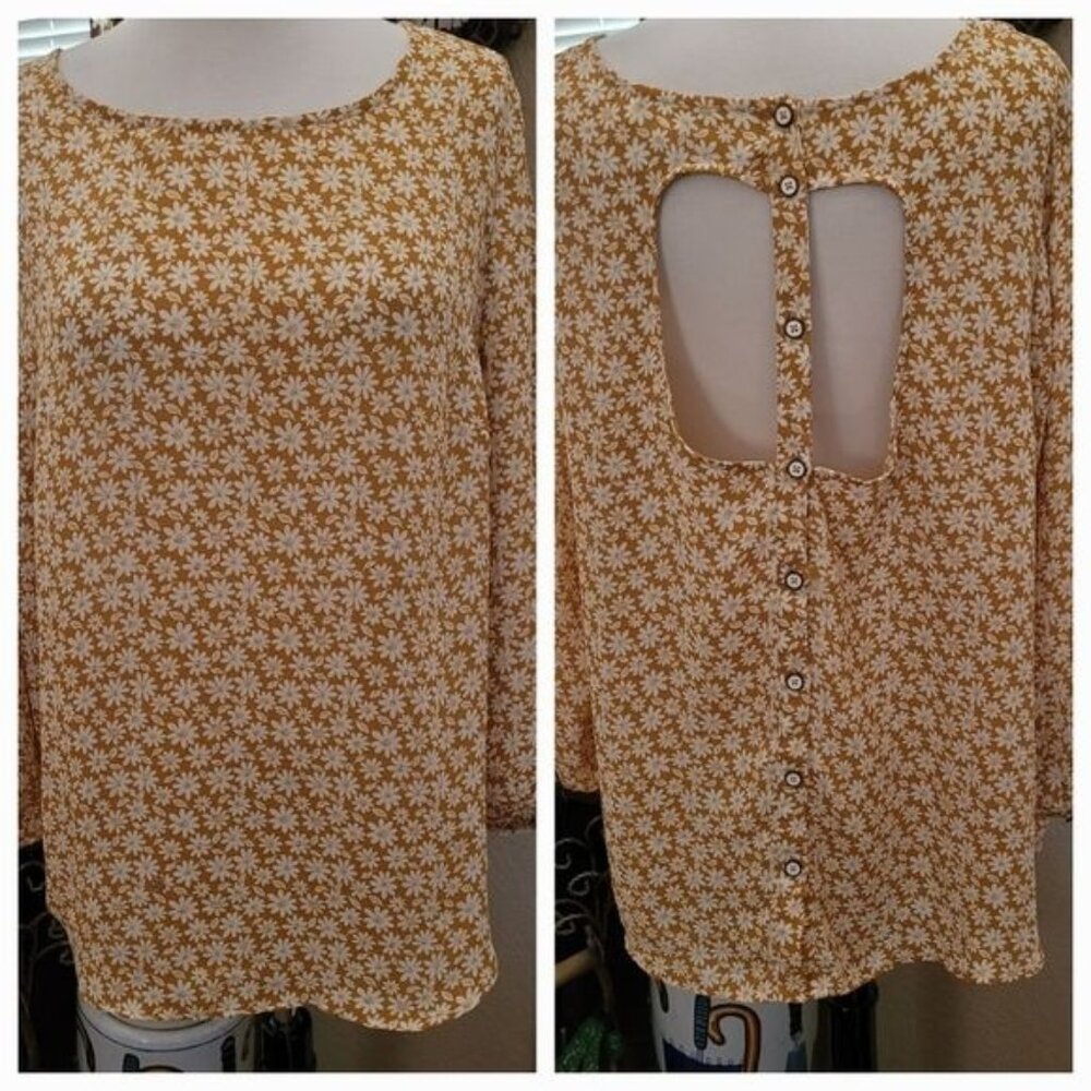 Spring Blouse Top Open Back Floral Orange Brown Daisies Open Back 1X